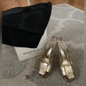 YSL Gold Leather And Rafia Heels sz 38 Rare!